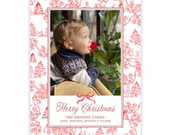 Plantilla de tarjeta fotográfica navideña, tarjeta fotográfica navideña con estampado toile en acuarela roja y blanca, tarjeta fotográfica navideña imprimible, Grandmillennial Red