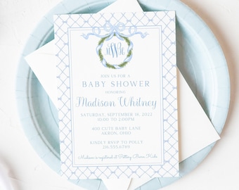 Printable Baby Shower Invitation, Digital Baby Shower Invitation, Blue Monogram Bow Invitation, Baby Boy Shower Invite, Invitation Template