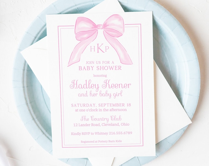 Printable Baby Shower Invitation, Digital Baby Shower Invitation, Pink Monogram Bow Invitation, Baby Girl Shower Invite, Invitation Template