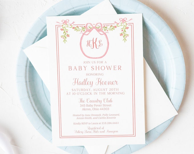 Printable Baby Shower Invitation, Digital Baby Shower Invitation, Pink Monogram Bow Invitation, Baby Girl Shower Invite, Invitation Template