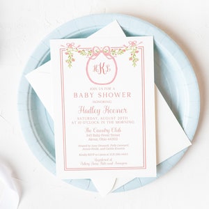 Printable Baby Shower Invitation, Digital Baby Shower Invitation, Pink Monogram Bow Invitation, Baby Girl Shower Invite, Invitation Template