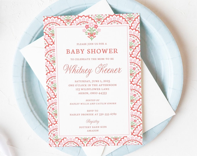 Baby Girl Shower Invitation Printable, Digital Baby Shower Invitation, Scallop Bow and Floral Baby Shower Invite, Invitation Template