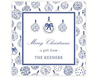 Chinoiserie Christmas Gift Tag | Holiday Gift Tag with Chinoiserie Ornaments | Printable Digital Download | Preppy Corjl Editable Template