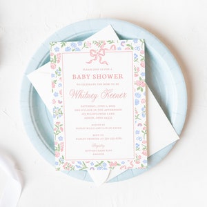Baby Girl Shower Invitation Printable, Digital Baby Shower Invitation, Pink Bow Floral Baby Shower Invite, Invitation Template