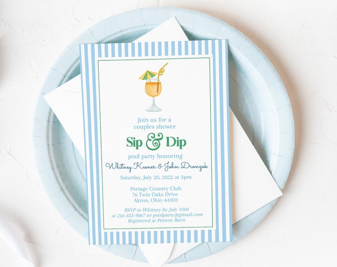 Sip and Dip Couples Pool Party Bridal Shower Invitation, Bachelorette Party Invite, Cocktail Party Wedding, Tropical Birthday Party