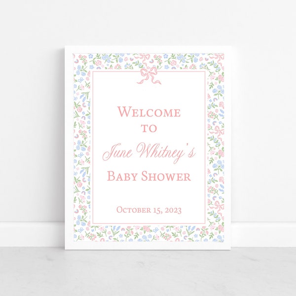 Printable Baby Shower Sign, Floral Pink Bow Baby Shower Sign, Grandmillennial Baby Shower Sign, Baby Girl Shower Decorations, Birthday Sign