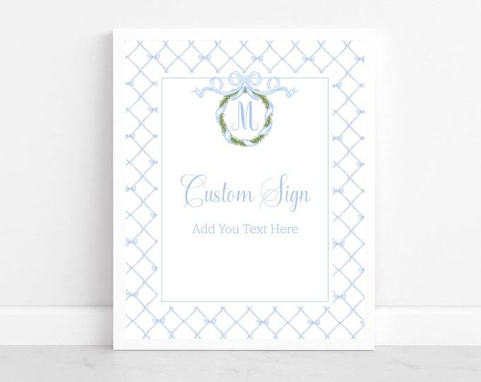 Grandmillennial Monogrammed Blue Bow and Wreath Baby Shower Sign