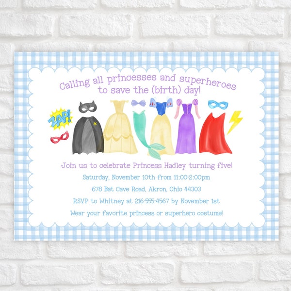 Princess Superhero Party Invitation, Printable Superhero Princess Birthday Invitation, Boy Girl Party, Printable and Editable