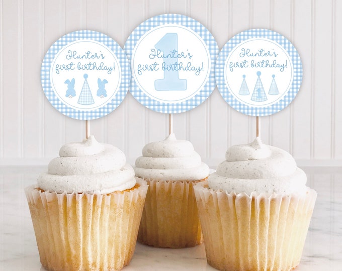 Some Bunny Is One Cupcake Topper Printable, Easter First Birthday Cupcake Topper, Blue Gingham Bunny Cupcake Topper, Bunny Party Decor