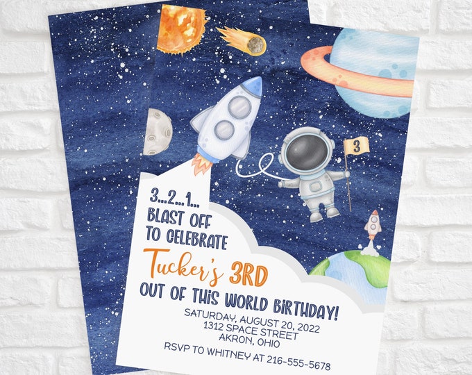 Outer Space Birthday Invitation Template, Planets Rocket Ship Astronaut Invite, Galaxy Solar System Blast Off Invitation, Printable Editable