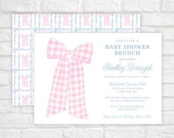 Baby Girl Shower Invitation Template, Pink Gingham Bow Baby Shower Invitation, Watercolor Baby Shower Invitation, Grandmillennial