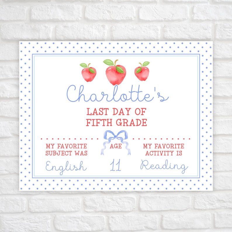 May include: A white printable sign with a blue polka dot border. The sign says "Charlotte's Last Day of Fifth Grade". It also includes the text "My favorite subject was English", "Age 11", and "My favorite activity is Reading".