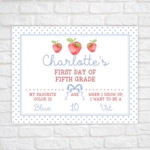 May include: A printable first day of school sign with a blue polka dot background. The sign says "Charlotte's First Day of Fifth Grade". It also includes spaces to fill in the child's favorite color, age, and what they want to be when they grow up. The sign has a blue ribbon and three red apples at the top.