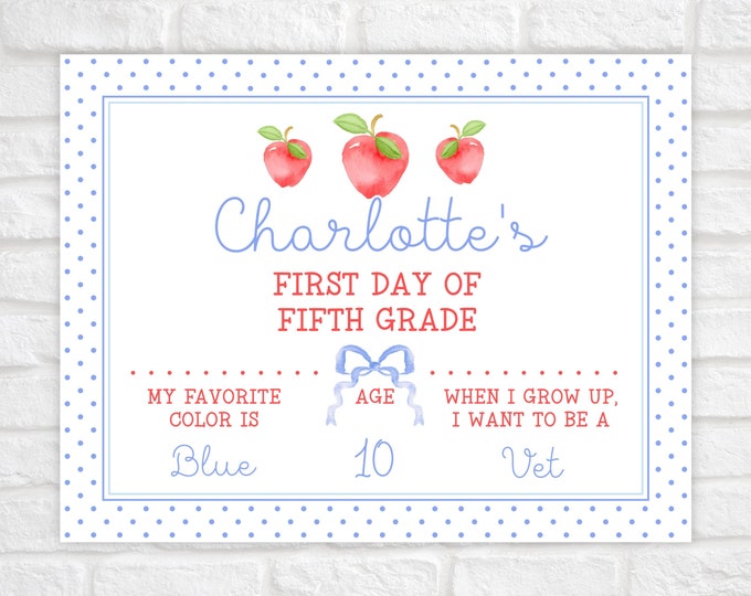 Printable Blue Bow and Apple Back To School Sign