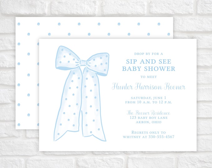 Baby Boy Shower Invitation Template, Blue Polka Dot Bow Baby Shower Invitation, Watercolor Sip and See Baby Shower Invitation