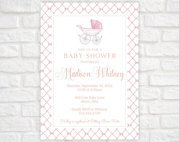 Printable Baby Shower Invitation, Digital Baby Shower Invitation, Baby Girl Shower Invite, Printable Watercolor Baby Carriage Invitation