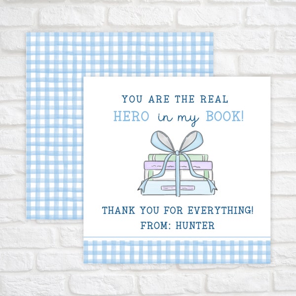 Teacher Appreciation Gift Tag Printable, Blue Gingham Book and Bow Tag, Teacher Thank You Tag Template, Teacher Appreciation Week