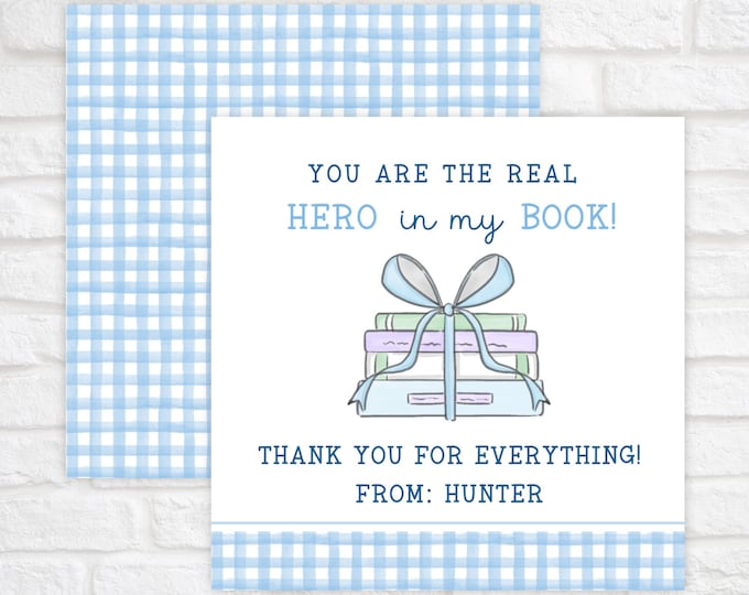 Teacher Appreciation Gift Tag Printable, Blue Gingham Book and Bow Tag, Teacher Thank You Tag Template, Teacher Appreciation Week