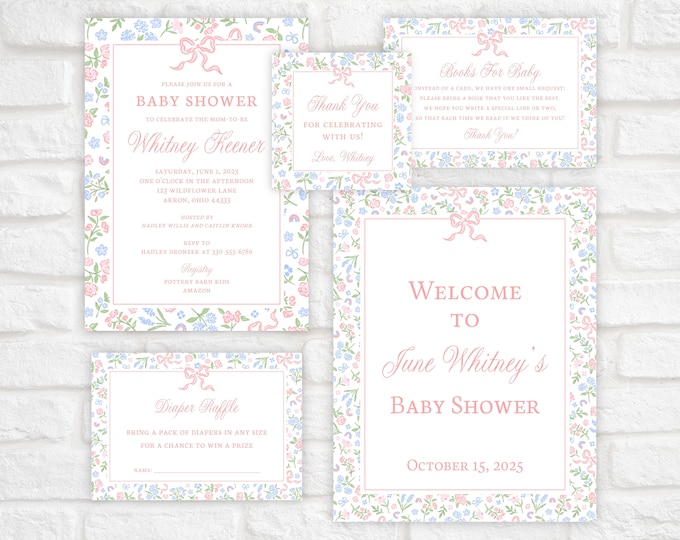 Pink Bow Ditsy Floral Baby Shower Invitation Set