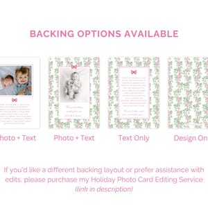Puede incluir: Cuatro opciones de dise&ntilde;o de tarjetas rectangulares etiquetadas como BACKING OPTIONS AVAILABLE. Los dise&ntilde;os presentan un patr&oacute;n bot&aacute;nico verde y rosa con peque&ntilde;os lazos. Las opciones incluyen dise&ntilde;os con foto y texto, solo texto y solo dise&ntilde;o.