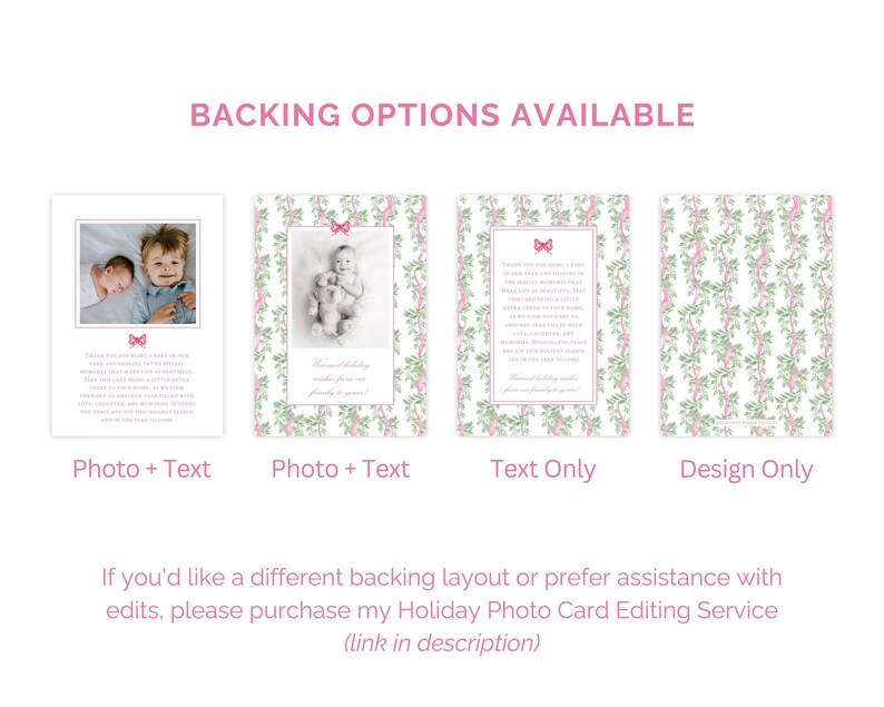 Puede incluir: Cuatro opciones de dise&ntilde;o de tarjetas rectangulares etiquetadas como BACKING OPTIONS AVAILABLE. Los dise&ntilde;os presentan un patr&oacute;n bot&aacute;nico verde y rosa con peque&ntilde;os lazos. Las opciones incluyen dise&ntilde;os con foto y texto, solo texto y solo dise&ntilde;o.