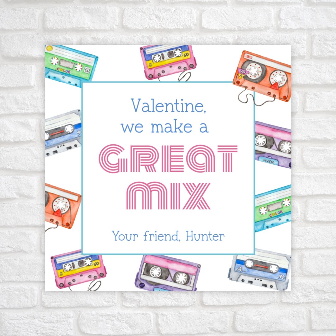 Printable Valentine Cards for Kids, 80s Cassette Tape Valentine Tag ...