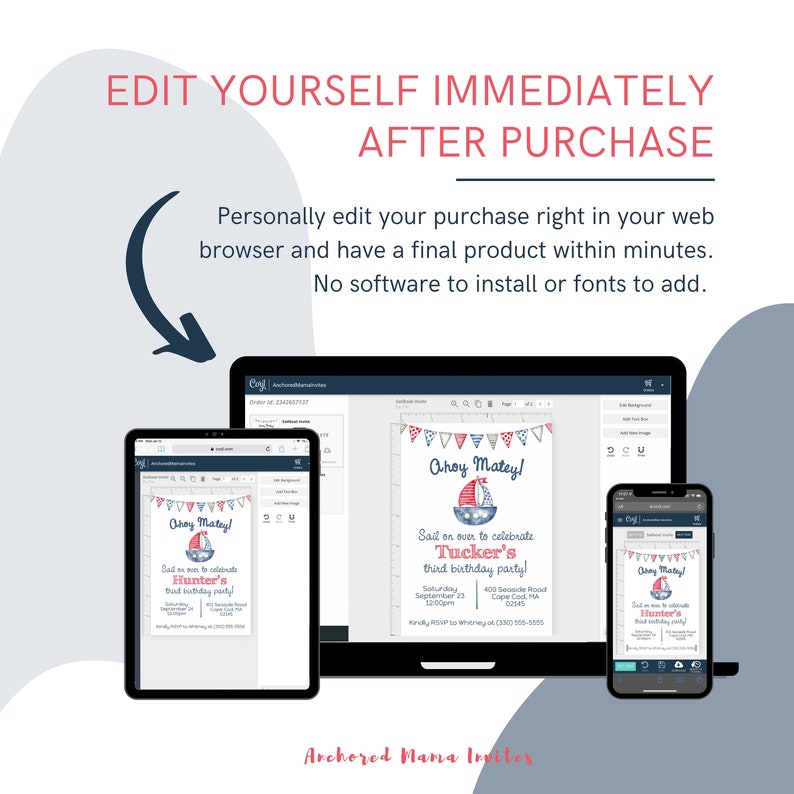 May include: A digital mockup of a printable invitation for a child's birthday party. The invitation features a nautical theme with a sailboat, red and blue pennants, and the text "Ahoy Matey!" The invitation is customizable and can be edited online.