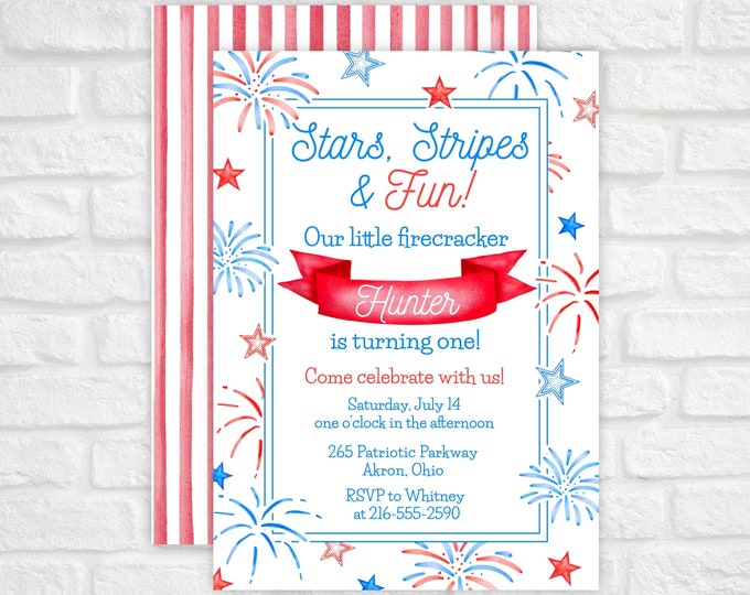 Printable 4th of July Stars Stripes and Fun First Birthday Invitation