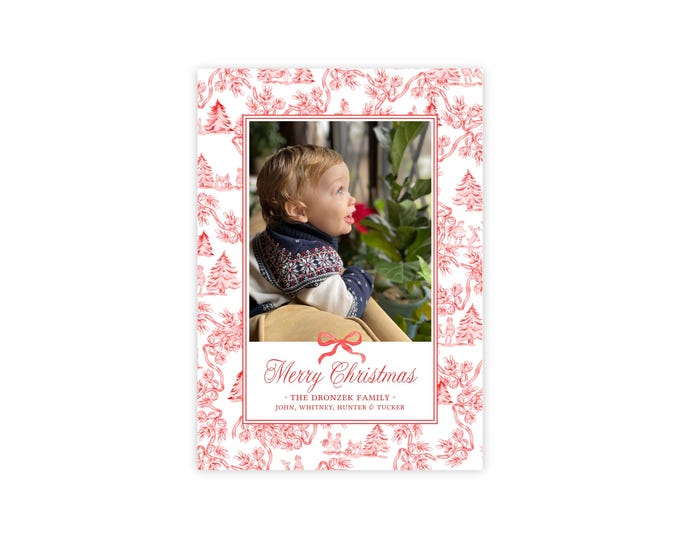 Watercolor Red and White Toile Christmas Photo Card
