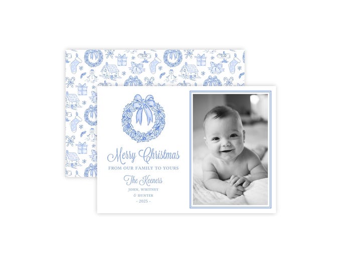 Blue Toile Christmas Photo Card