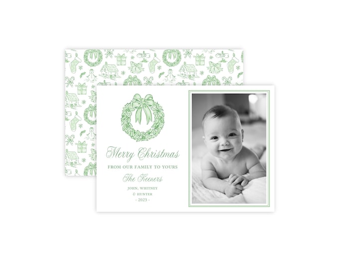 Green Winter Toile Christmas Photo Card