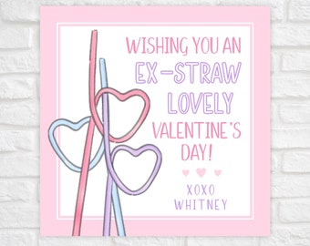 Printable Valentine Cards for Kids, Crazy Straw Valentine, Heart Straw Valentine, Class Valentine Day Gifts, Preschool Valentines for Girls