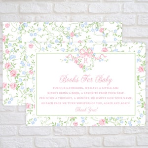 Printable Books for Baby Card, Coquette Baby Shower Enclosure, Request Books instead of Card, Monogram Book Request, Pink Bow Floral Vines