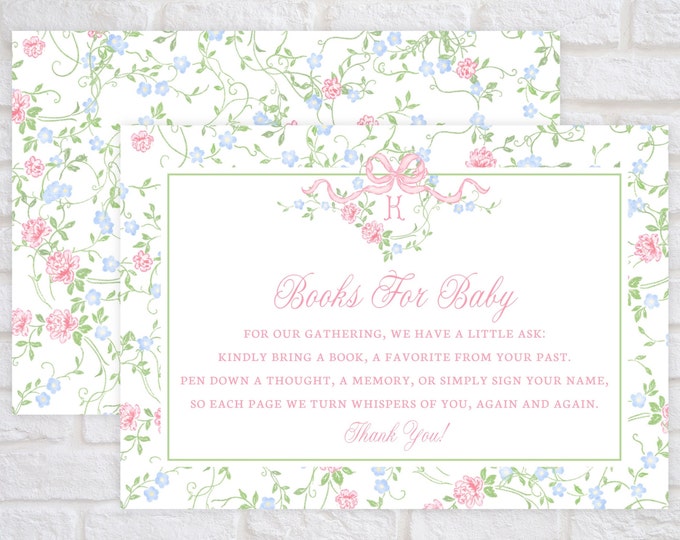 Printable Books for Baby Card, Coquette Baby Shower Enclosure, Request Books instead of Card, Monogram Book Request, Pink Bow Floral Vines
