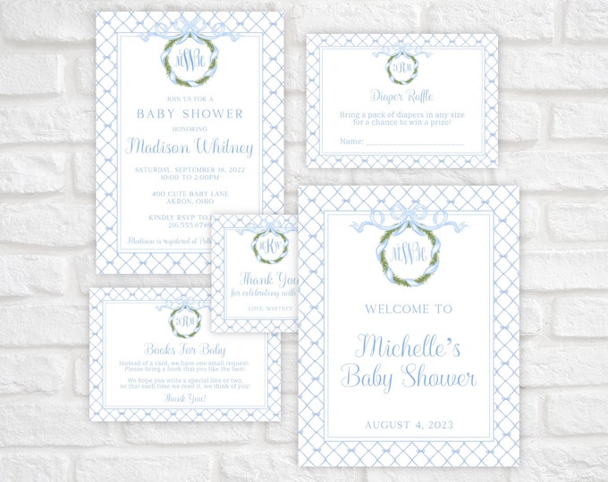 Baby Boy Shower Invitation Bundle, Blue Bow Monogram Wreath Baby Shower Invitation Set, Classic Baby Blue Shower Printable Template