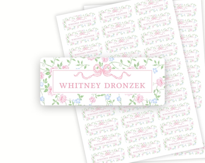 Personalized Floral Vines and Pink Bow School Name Labels
