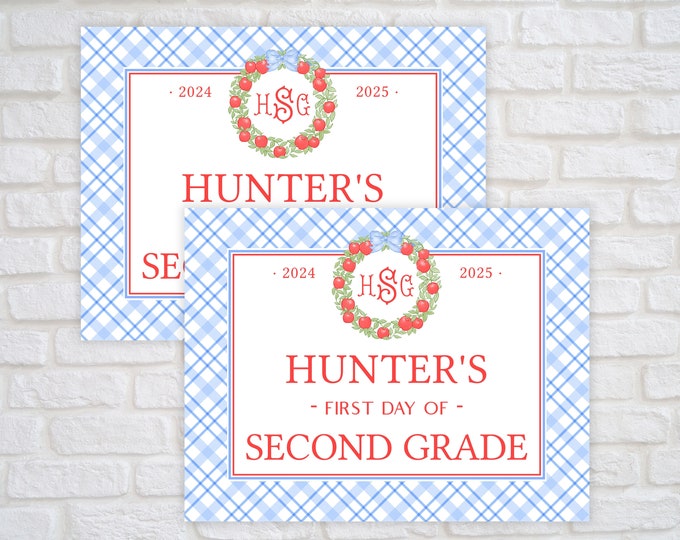 Monogram Blue Plaid Back to School Sign