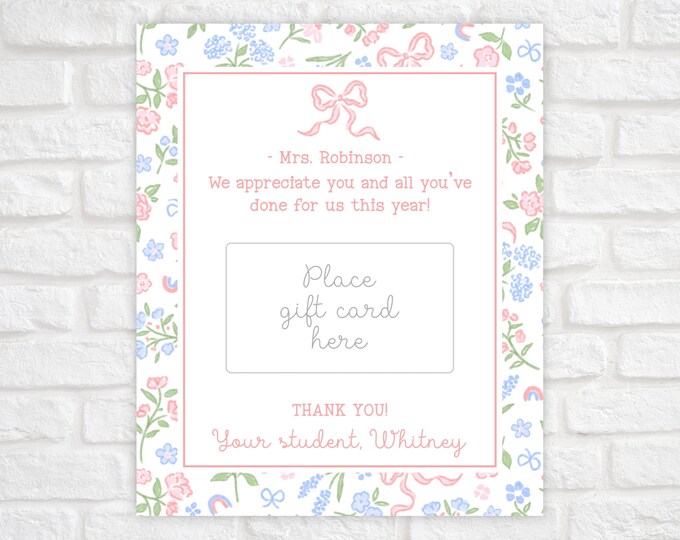 Printable Pink Bow and Floral Teacher Appreciation Gift Card Holder