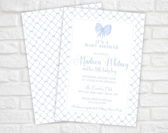 Invito stampabile per baby shower, neonato, invito per baby shower con fiocco blu, invito per baby shower a tema blu, invito Grandmillennial blu e bianco