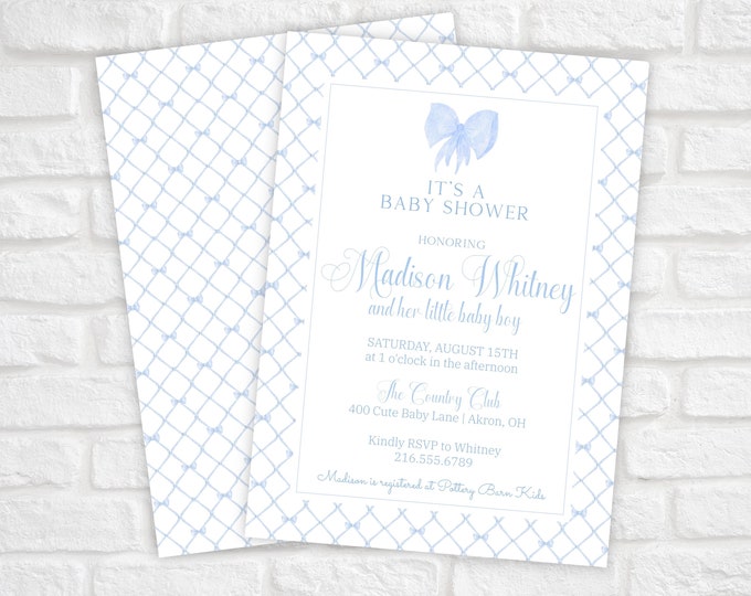 Printable Baby Shower Invitation Baby Boy, Blue Bow Baby Shower Invite, Blue Theme Baby Shower, Blue and White Grandmillennial Invitation