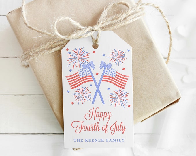 Printable Fourth of July Gift Tag, Happy Fourth of July Flag and Fireworks Gift Tag, 4th of July Birthday Favor Tag, Patriotic Gift Tag
