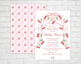 Printable Cherry Baby Shower Invitation, Baby Girl Shower Invitation, Pink Bow Baby Shower Invite, Cherry Blossom Shower Invitation