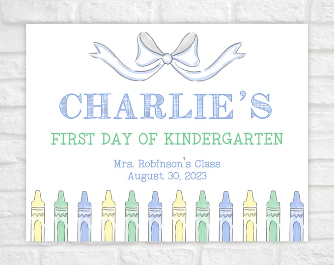 Blue Bow and Crayon First Day of School Sign Printable