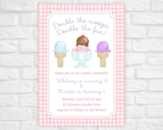Ice Cream Sibling Birthday Invitation Printable