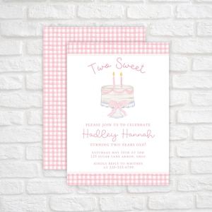 Two Sweet Birthday Invitation Template, Watercolor Birthday Cake Invitation, Printable 2nd Birthday Invitation for Girls, Grandmillennial