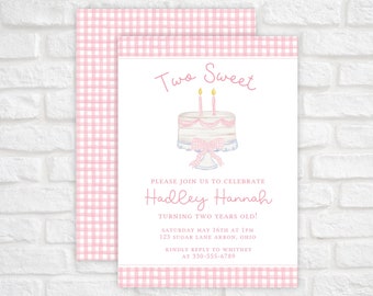 Two Sweet Birthday Invitation Template, Watercolor Birthday Cake Invitation, Printable 2nd Birthday Invitation for Girls, Grandmillennial