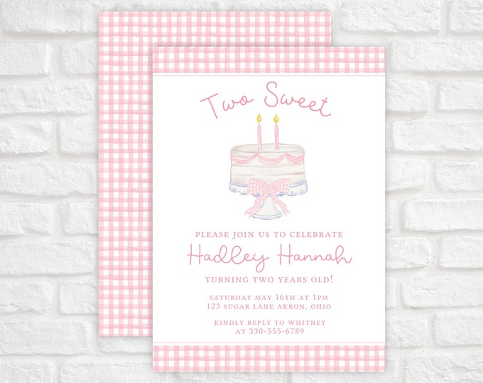 Two Sweet Pink Gingham Birthday Invitation Template