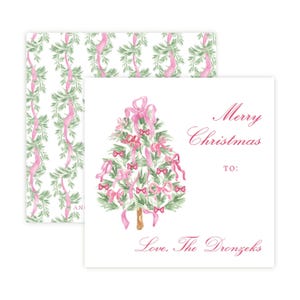 Christmas Gift Tags Printable, Watercolor Holiday Gift Tag with Christmas Tree and Pink Bows, Printable Digital Download Template