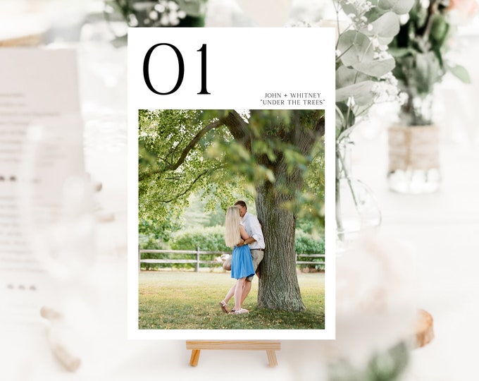 Modern Wedding Table Numbers Template with Photo, Minimalist Wedding Table Number, Photo Table Numbers, Instant, Love Story Digital Download