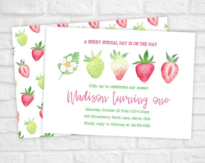 Strawberry Birthday Invitation, Berry First Birthday Invitation, Berry Sweet One Invitation, Printable Strawberry 1st Birthday Invite